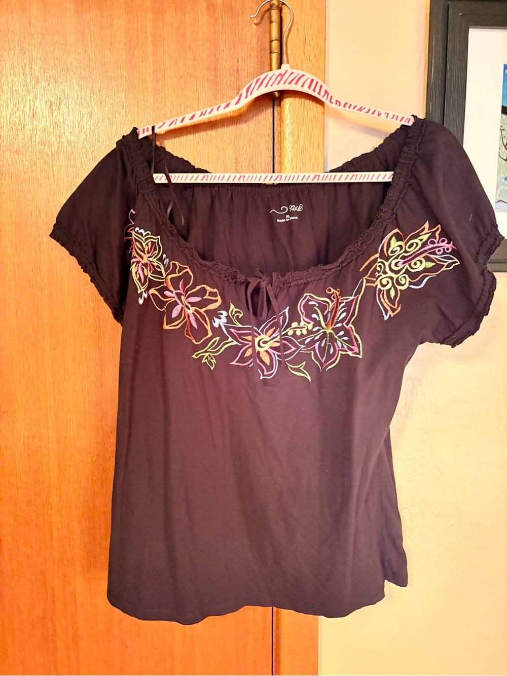 RXB Black Scoop Neck Top with Multicolor Floral Embroidery